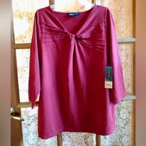 Jones New York Signature Woman Pleated Knot Stretch Knit Top 3/4 Sleeve